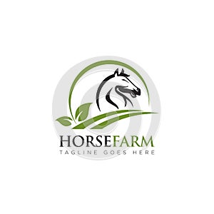 Horsefarm logo, with head horse, leaf and land vector