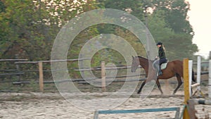 Horsegirl rides trot and gallop on a brown horse in the outdoors sand arena. Competitive rider training dressage in