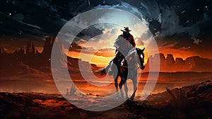 Horseman sitting on a horse in front of a beautiful sunset background with canyons, poster.