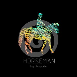 Horseman on sports horse silhouette logo design template.