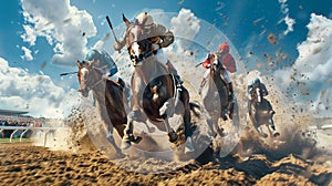 Horseracing thundering charge from front of field, dust and mud from the charging horses with jockeys leaning forward.