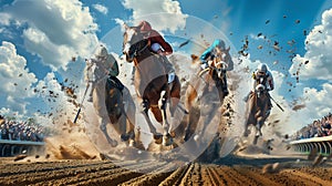 Horseracing thundering charge from front of field, dust and mud from the charging horses with jockeys leaning forward.