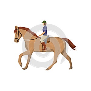 Horseracing woman in jockey uniform and green helmet isolated against white background