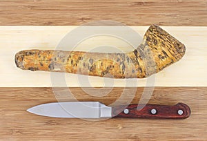 Horseradish root on cutting board with knife