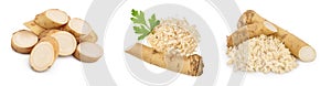 Horseradish root with slices and parsley isolated on white background