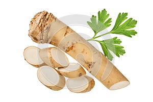 Horseradish root with slices and parsley isolated on white background. Top view. Flat lay