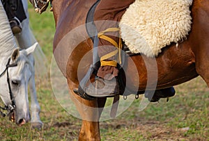 Horserider`s Leg in the Stirrup at an ancient Roman Historical Reenactment