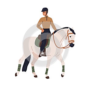 Horseriding. Equine rider riding horseback. Equestrian, horseman during walk, stroll. Happy human on stallion, steed