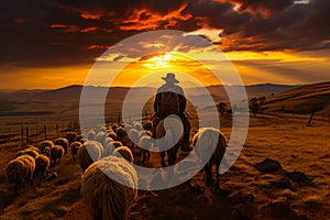 Horseriding man riding shee. Cowboy herding sheep at sunset