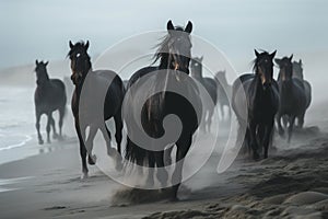 Horses on the beach in the mist at sunrise. generative ai