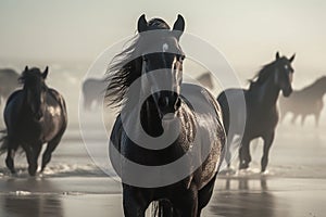 Horses on the beach in the mist at sunrise. generative ai