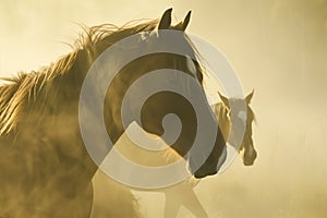 horses breaking through morning mist, their manes flowing