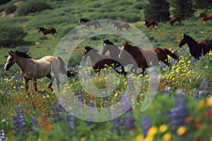 horses cantering side by side across a field of wildflowers