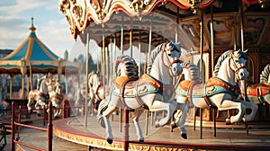 Horses on a carnival Merry Go Round. Old French carousel in a holiday park. Big roundabout at fair in amusement park. Generative