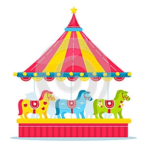 Horses carousel. Kids amusement park roundabout with little ponies different colors and carnival decor. Fair rotating