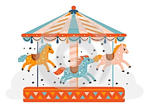 Horses carousel. Kids park attraction. Carnival wheel with funny ponies. Decorative equine animals. Round rides