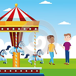 Horses carousel and two men standing over landscape background, colorful design