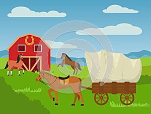 Horses at country animal ranch farm, horse harnessed to cart wagon vector illustration.