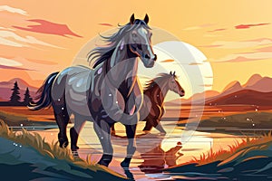 Horses in the field at sunset. Vector illustration of a cartoon style, Horse horizontal banner for website header design, AI