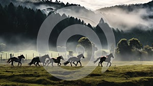 Horses Galloping Across The Foggy Field In Mountain Range