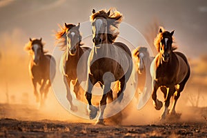 Horses galloping across the savannah. Photographic background, wild nature, African landscape. AI generative