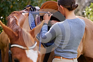 It is the horses gift to connect us with Heaven. a unrecognizable woman getting ready to ride her horse in nature.