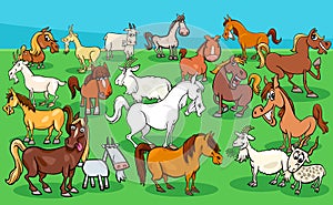 Horses and goats farm animal characters group