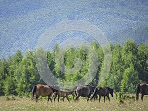 Horses graze in a meadow in the mountains. Stylization of the image using oil paint