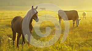 Horses grazing field background cows