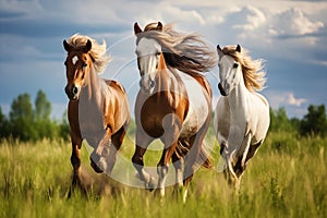 Horses grazing in a lush green pasture. Generative AI