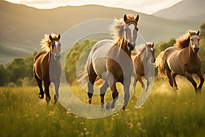 Horses grazing in a lush green pasture. Generative AI