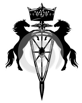 Horses holding royal crown, shield and sword black and white vector design