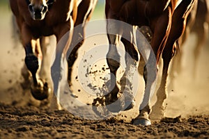 horses hooves kicking up dirt on the racing track