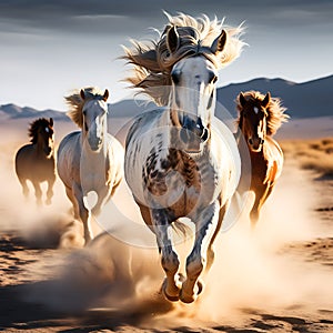 Horses with Long Mane - Portrait of Galloping Run in Desert Dust - High-Speed Close-Up