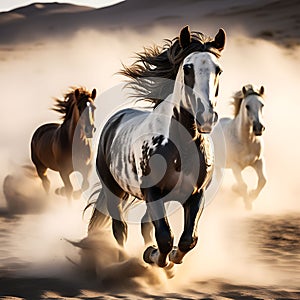 Horses with Long Mane - Portrait of Galloping Run in Desert Dust - High-Speed Close-Up