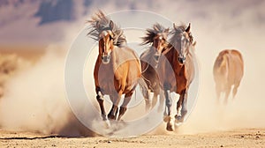Horses with long mane portrait run gallop in desert dust. AI Generative