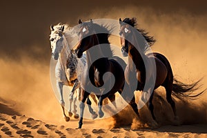 Horses with long manes running and galloping through the sand