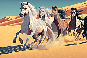 Horses with long manes running and galloping through the sand