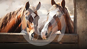 Horses looking out from stable windows. Concept of horse stabling, animal care, sports equestrian club, farm life, and