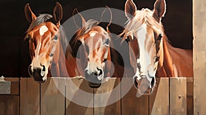 Horses looking out from stable windows. Concept of horse stabling, animal care, sports equestrian club, farm life, and