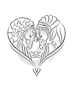 Horses in love line art, tribal. Freehand vector illustration. H