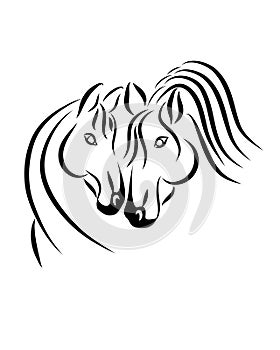 Horses in love line art, tribal. Freehand vector illustration. H