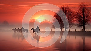 Horses in Misty Countryside Sunrise generated by AI tool