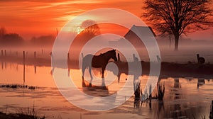 Horses in Misty Countryside Sunrise generated by AI tool