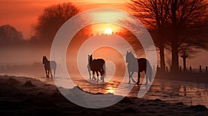 Horses in Misty Countryside Sunrise generated by AI tool