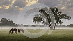 Horses in a misty meadow at sunrise