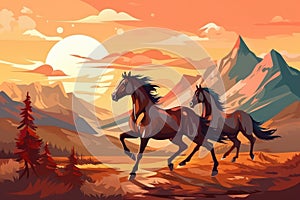 Horses in the mountains at sunset. Vector illustration of horses in the mountains, Horse horizontal banner for website header