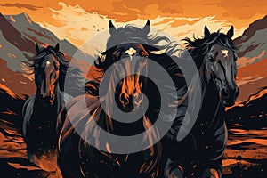 Horses in the mountains. Vector illustration of horses in the mountains, Horse horizontal banner for website header design, AI