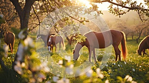 Serene horses grazing in a sunlit orchard. peaceful, rural life captured in warm light. ideal for nature themes. AI