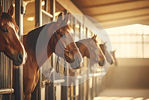 Horses peering out from stable boxes. Concept of equine care, stable management, horse breeding, animal housing, sports